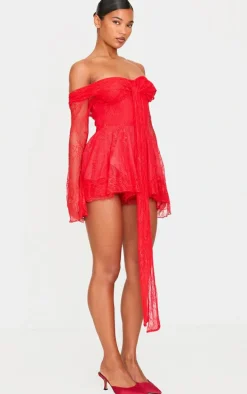 Red Lace Bardot Tie Front Romper