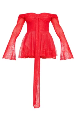 Red Lace Bardot Tie Front Romper