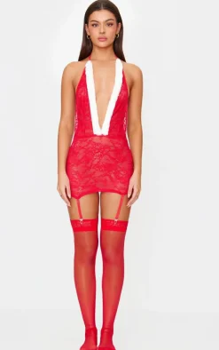 Red Lace Christmas Faux Fur Trim Slip Dress