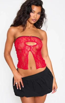 Red Lace Cut Out Front Split Hem Bandeau