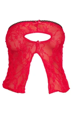 Red Lace Cut Out Front Split Hem Bandeau