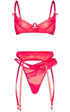 Red Lace Detail Mesh 3 Piece Lingerie Set