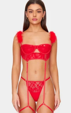 Red Lace Feather Trim Balconette Lingerie Set