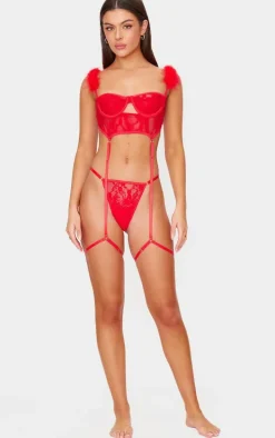 Red Lace Feather Trim Balconette Lingerie Set