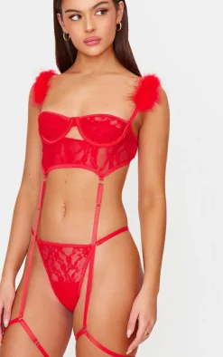 Red Lace Feather Trim Balconette Lingerie Set