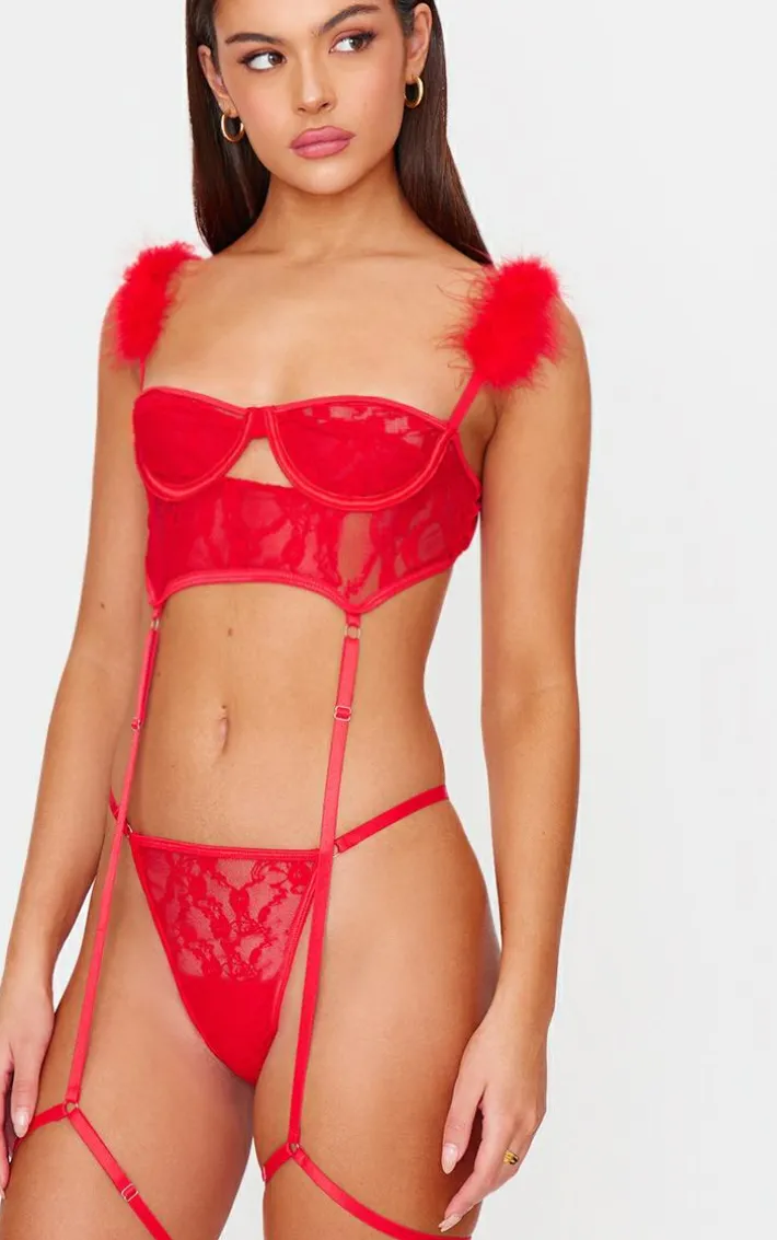 Red Lace Feather Trim Balconette Lingerie Set