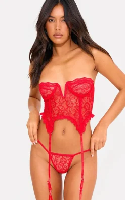Red Lace Frill Underwired Corset Lingerie Set