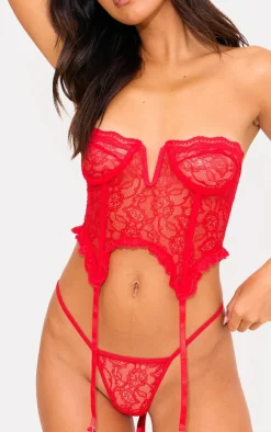 Red Lace Frill Underwired Corset Lingerie Set