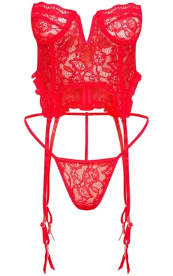 Red Lace Frill Underwired Corset Lingerie Set