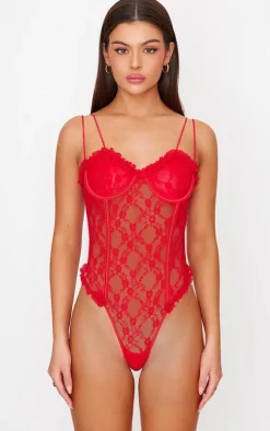 Red Lace Ruched Cup Lingerie Bodysuit