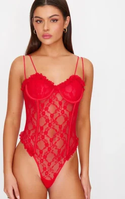 Red Lace Ruched Cup Lingerie Bodysuit
