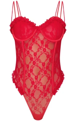 Red Lace Ruched Cup Lingerie Bodysuit