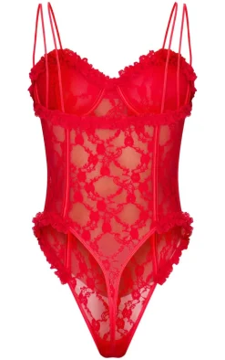 Red Lace Ruched Cup Lingerie Bodysuit
