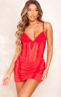 Red Lace Sheer Underwired Strappy Bodycon Dress