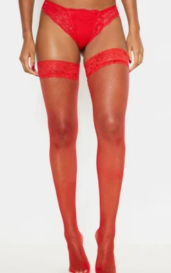 Red Lace Top Fishnet Hold Up Stockings