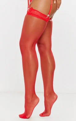 Red Lace Top Sheer Hold Up Stockings
