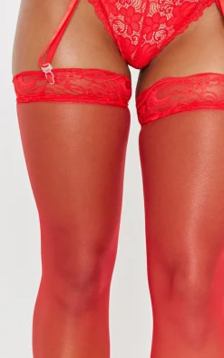 Red Lace Top Sheer Hold Up Stockings