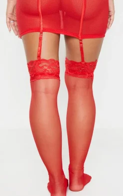 Red Lace Top Sheer Hold Up Stockings