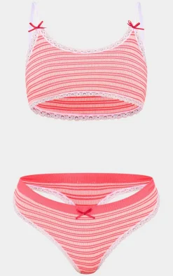 Red Lace Trim Textured Stripe Bralette And Thong Lingerie Set