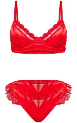 Red Lace Trim Underwired Lingerie Set
