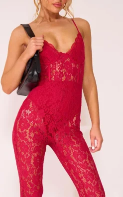 Red Lace Underwired Corset Strappy Jumpsuit