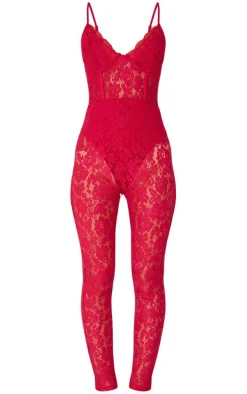 Red Lace Underwired Corset Strappy Jumpsuit