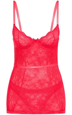 Red Lace Underwired Slip Dress Lingerie Set