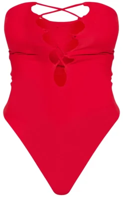 Red Lace Up Bandeau High Leg Swimsuit