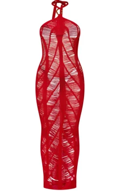 Red Laddered Crochet Gold Trim Maxi Beach Dress