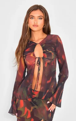 Red Leaf Print Chiffon Key Hole Front Tie Fluted Sleeve Top