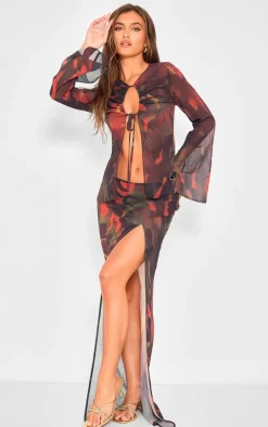 Red Leaf Print Chiffon Key Hole Front Tie Fluted Sleeve Top