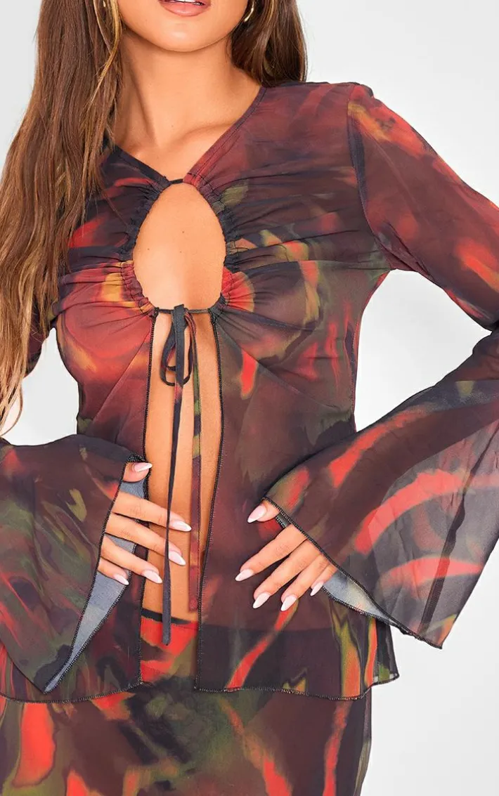 Red Leaf Print Chiffon Key Hole Front Tie Fluted Sleeve Top