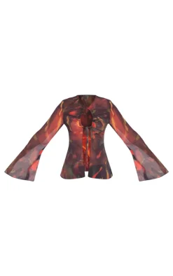 Red Leaf Print Chiffon Key Hole Front Tie Fluted Sleeve Top