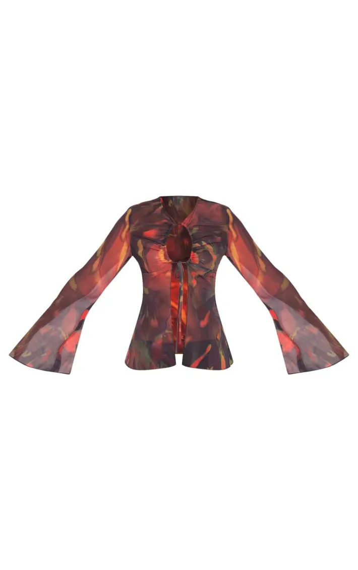 Red Leaf Print Chiffon Key Hole Front Tie Fluted Sleeve Top