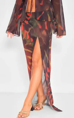 Red Leaf Print Chiffon Side Split Maxi Skirt