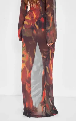 Red Leaf Print Chiffon Side Split Maxi Skirt