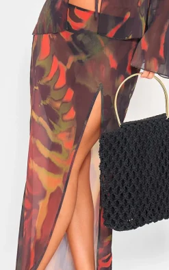 Red Leaf Print Chiffon Side Split Maxi Skirt