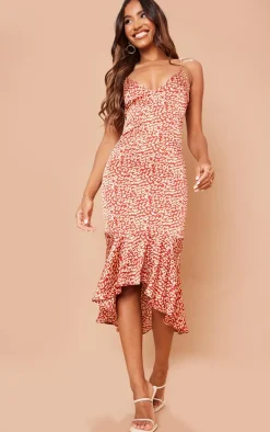 Red Leopard Print Frill Hem Midi Dress