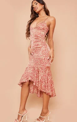 Red Leopard Print Frill Hem Midi Dress
