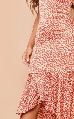 Red Leopard Print Frill Hem Midi Dress