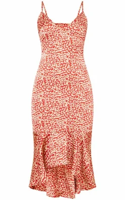 Red Leopard Print Frill Hem Midi Dress