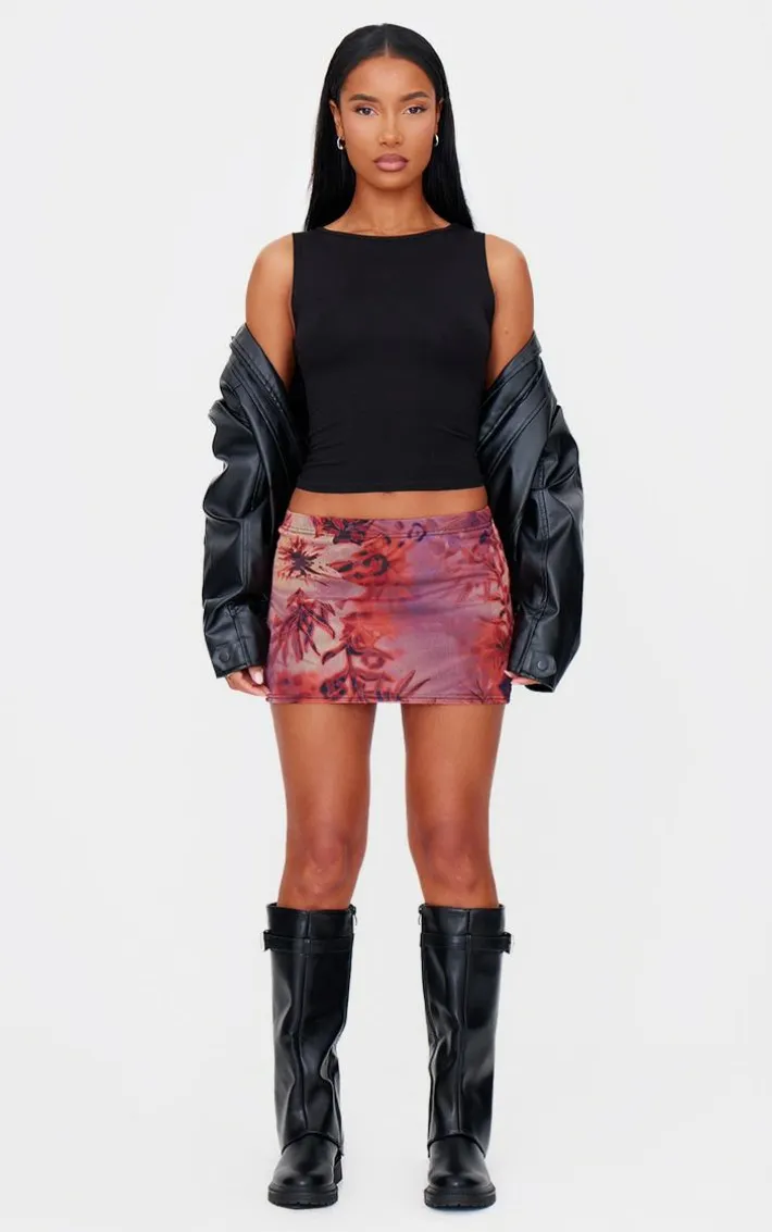 Red Leopard Printed Lined Mesh Mini Skirt
