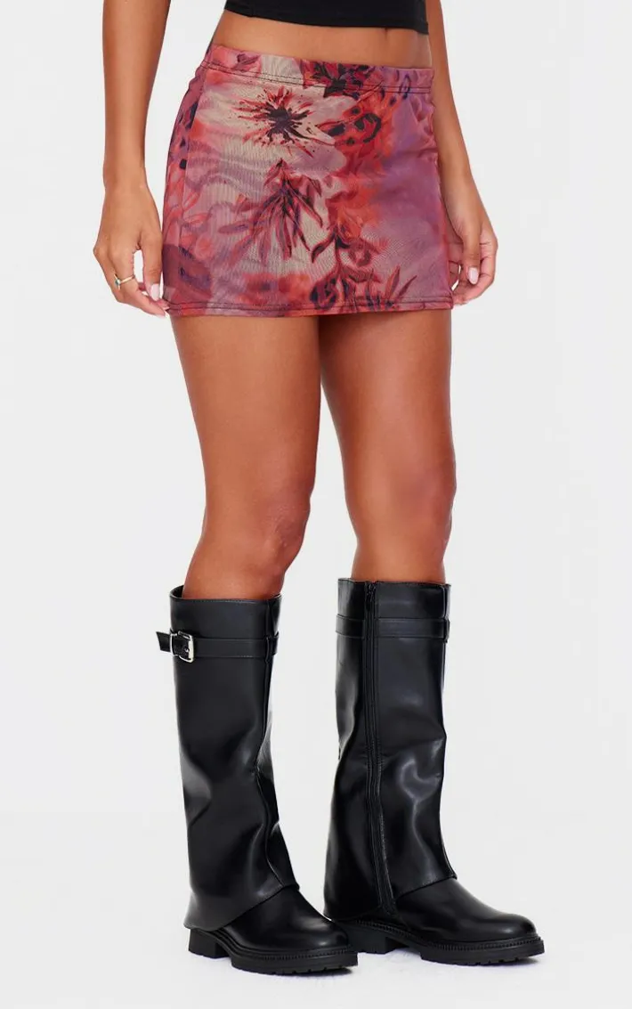 Red Leopard Printed Lined Mesh Mini Skirt