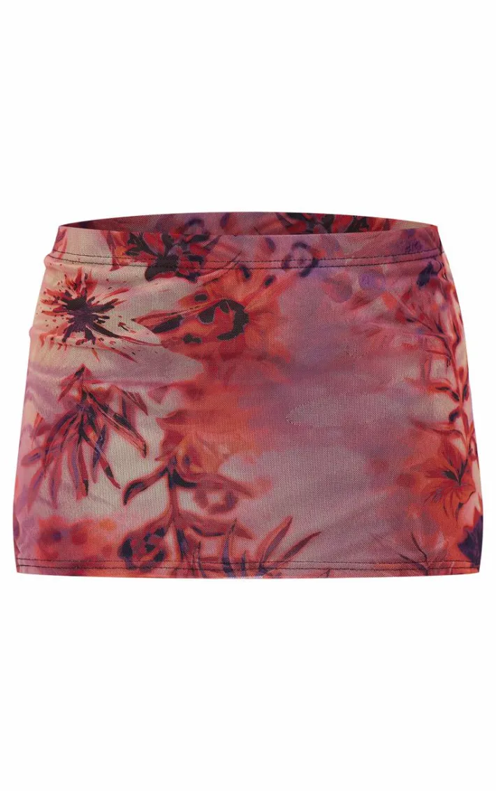 Red Leopard Printed Lined Mesh Mini Skirt