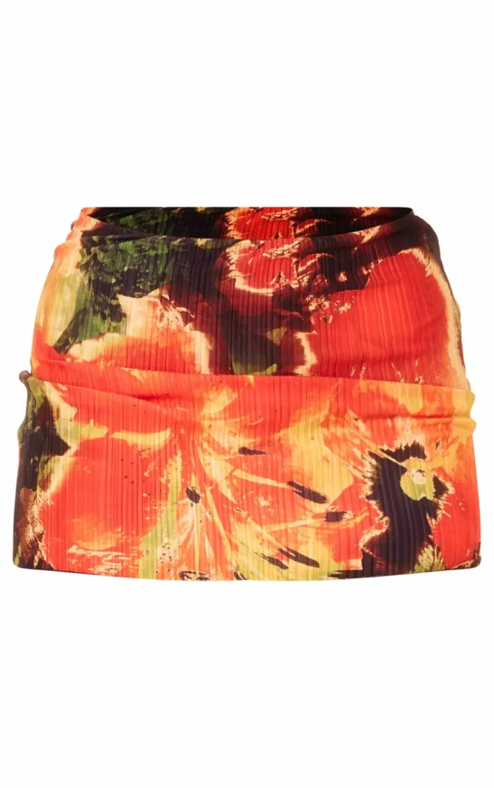 Red Lily Print Plisse Low Rise Micro Mini Skirt