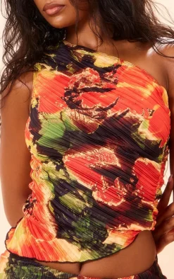 Red Lily Print Plisse One Shoulder Top
