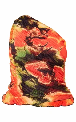 Red Lily Print Plisse One Shoulder Top