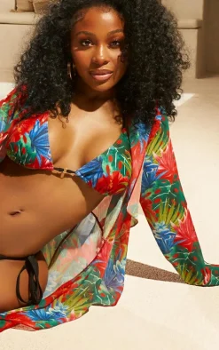 Red Lotus Print Frilly Beach Kimono