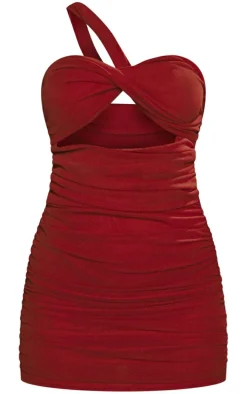 Red Mesh Bardot Twist Detail Cut Out Bodycon Dress
