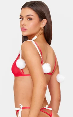 Red Mesh Christmas Pom Pom Lingerie Set